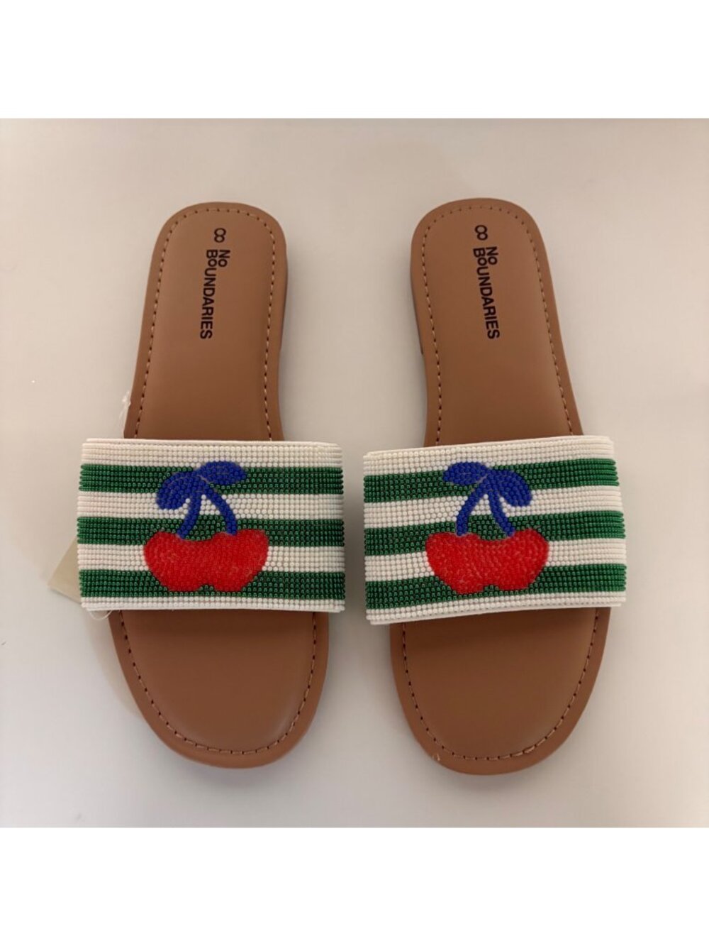 No Boundaries Beaded Cherry Slide Sandals Womens Size 8 Green White Striped Shoe